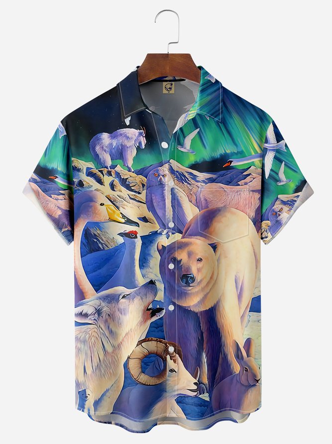 Animals Under The Aurora Chest Pocket Short Sleeve Hawaiian Shirt