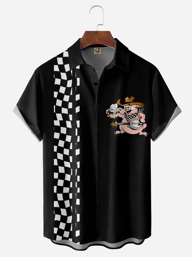 Pop Music Boar Chest Pocket Short Sleeve Bowling Shirt