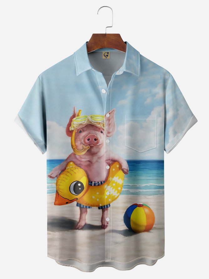 Swimming Pig Chest Pocket Short Sleeve Hawaiian Shirt