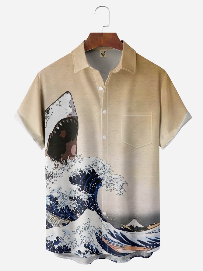 Ukiyo-e Shark Chest Pocket Short Sleeve Hawaiian Shirt