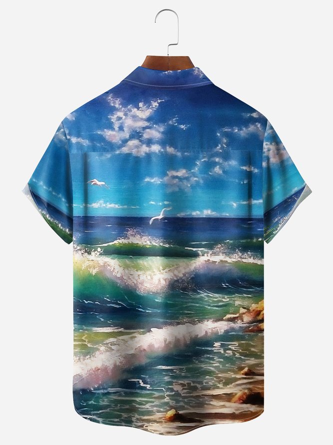 Ocean Scenery Chest Pocket Short Sleeve Hawaiian Shirt