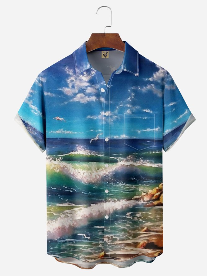 Ocean Scenery Chest Pocket Short Sleeve Hawaiian Shirt