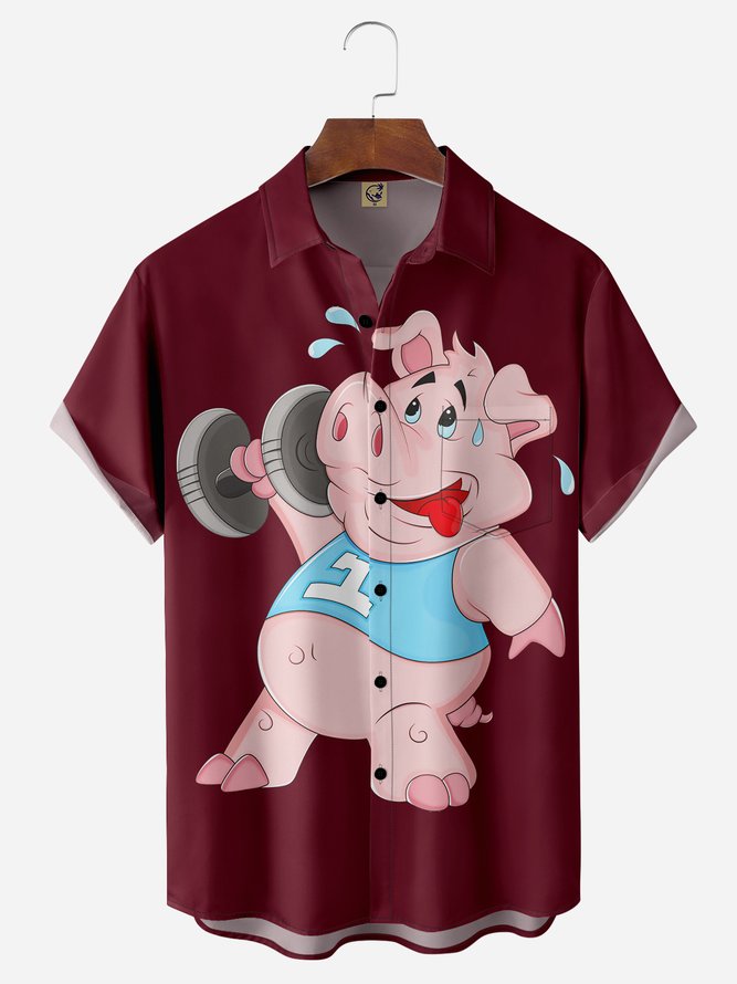 Fun Pig Chest Pocket Short Sleeve Casual Shirt