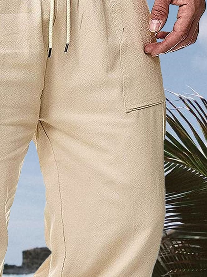 Side view of Men Casual Plain All Season Natural Vacation Loose Capris Cotton H-Line Pants