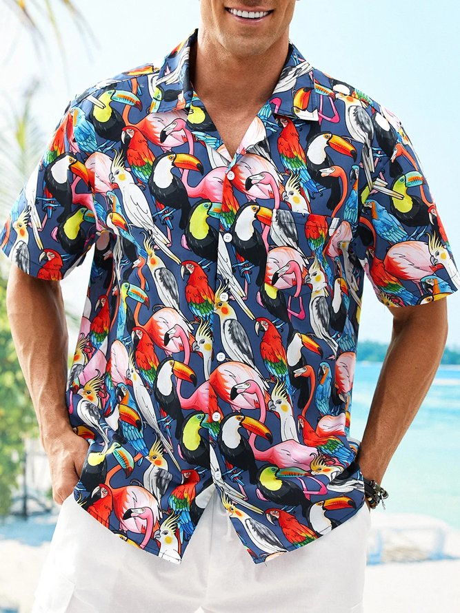 Summer Parrots Vacation No Elasticity Loose Buttons Cotton H-Line Regular Aloha Shirts for Men-image-15732853
