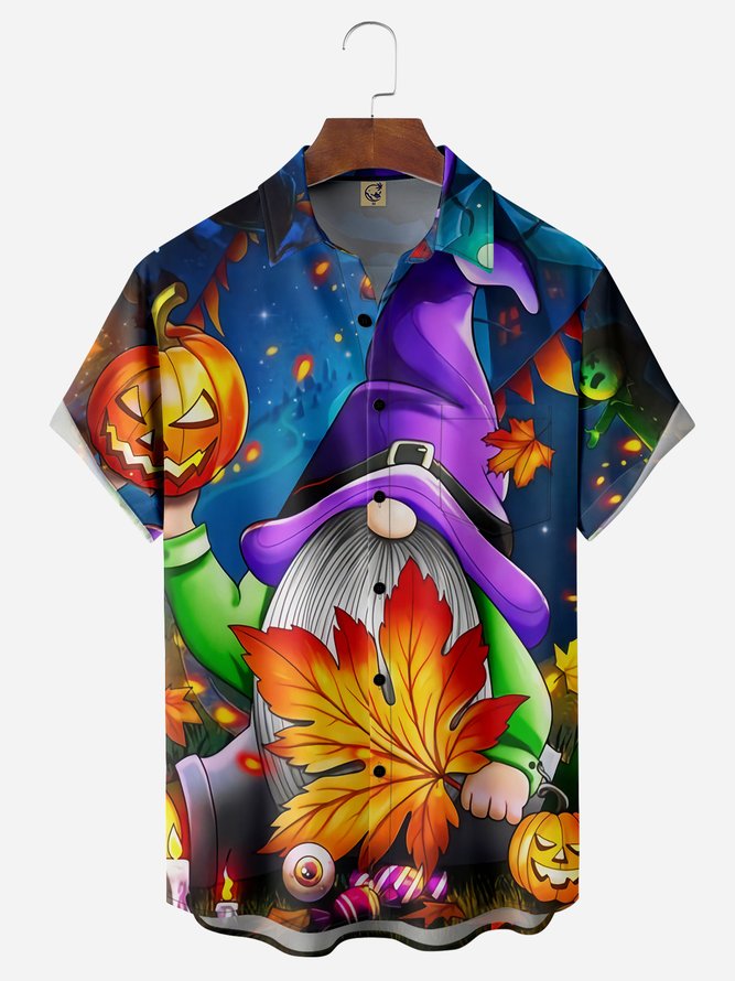 Halloween Gnome Chest Pocket Short Sleeve Casual Shirt