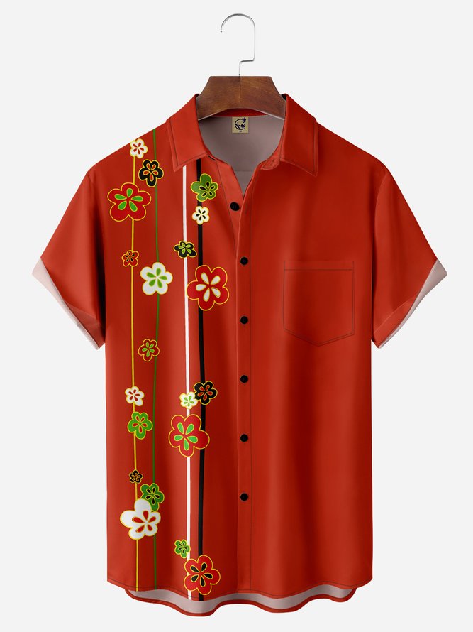 Japanese Floral Chest Pocket Short Sleeve Hawaiian Shirt