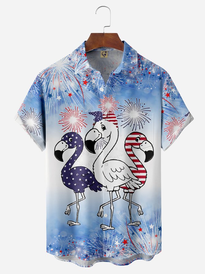 Flamingo Fireworks Chest Pocket Short Sleeve Shirt