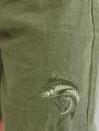 Side view of Men Summer Fish Vacation No Elasticity Household Loose Elastic Band Bermuda H-Line Shorts