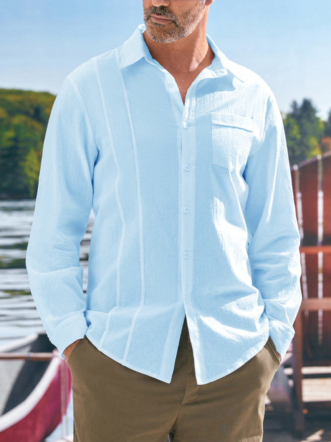 Side view of Men Plain Autumn Vacation Natural Commuting Loose Short Sleeve H-Line Regular Guayabera Shirts