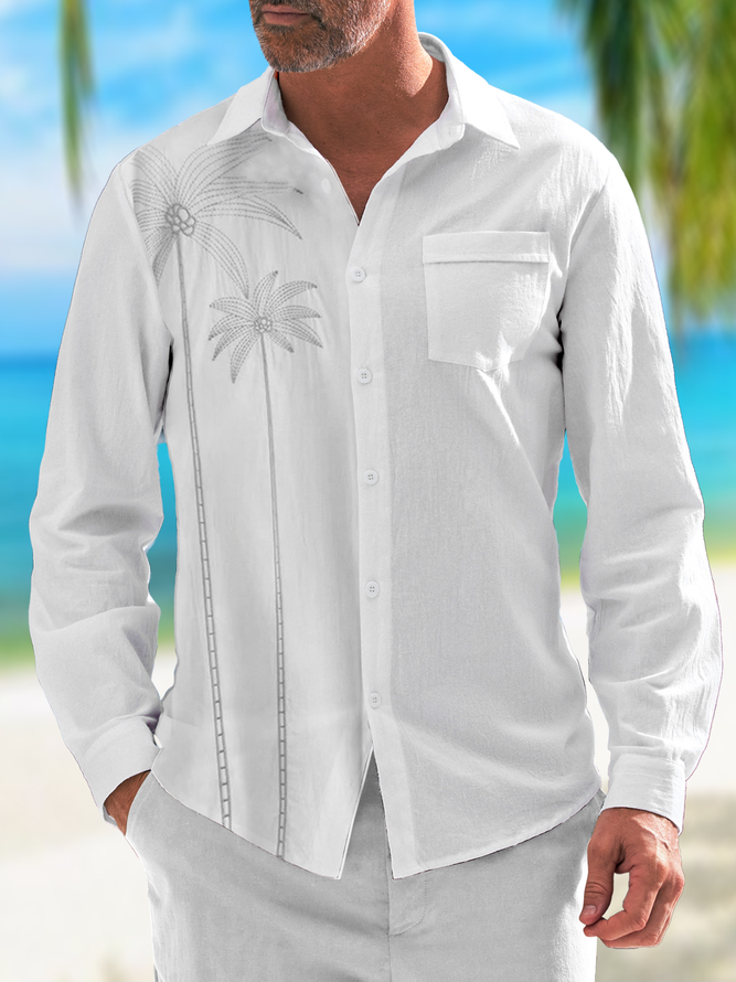 Side view of Spring/Fall Coconut Tree Vacation Wicking Long Sleeve Cotton Regular Regular Shirt Collar Aloha Shirts for Men
