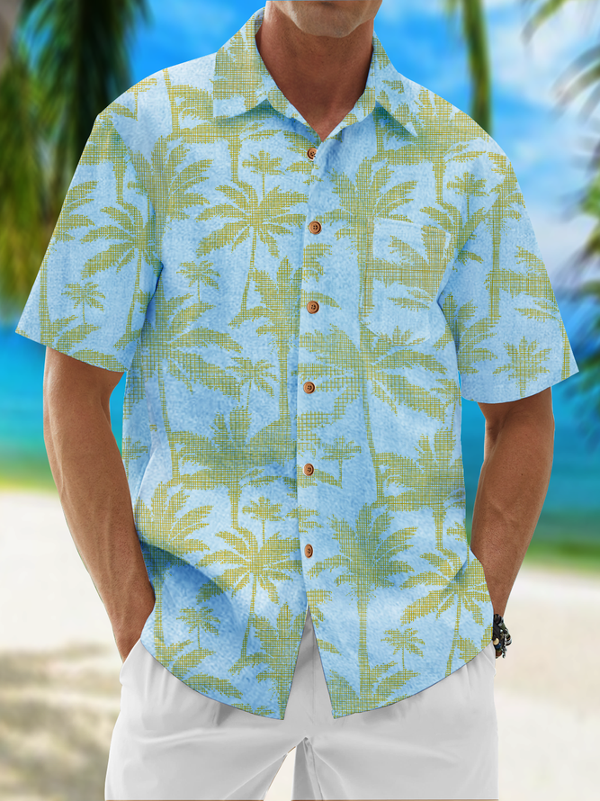 Side view of Men Summer Coconut Tree Vacation Commuting Loose Cotton Regular H-Line Shirt Collar Aloha Shirts