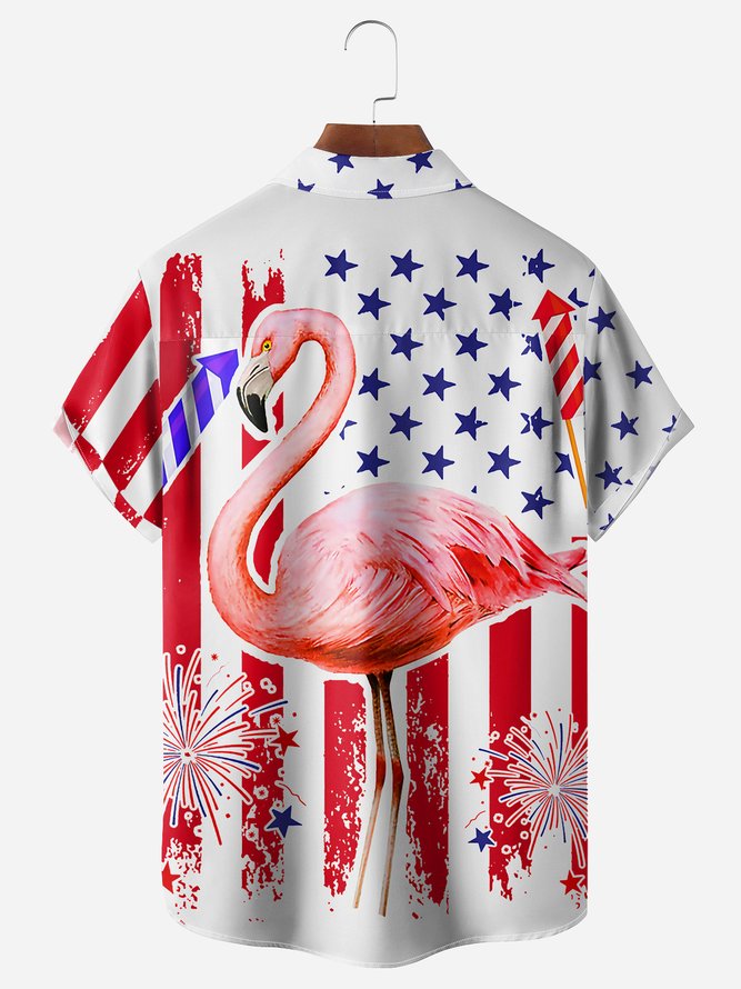 American Flag Flamingo Chest Pocket Short Sleeve Hawaiian Shirt
