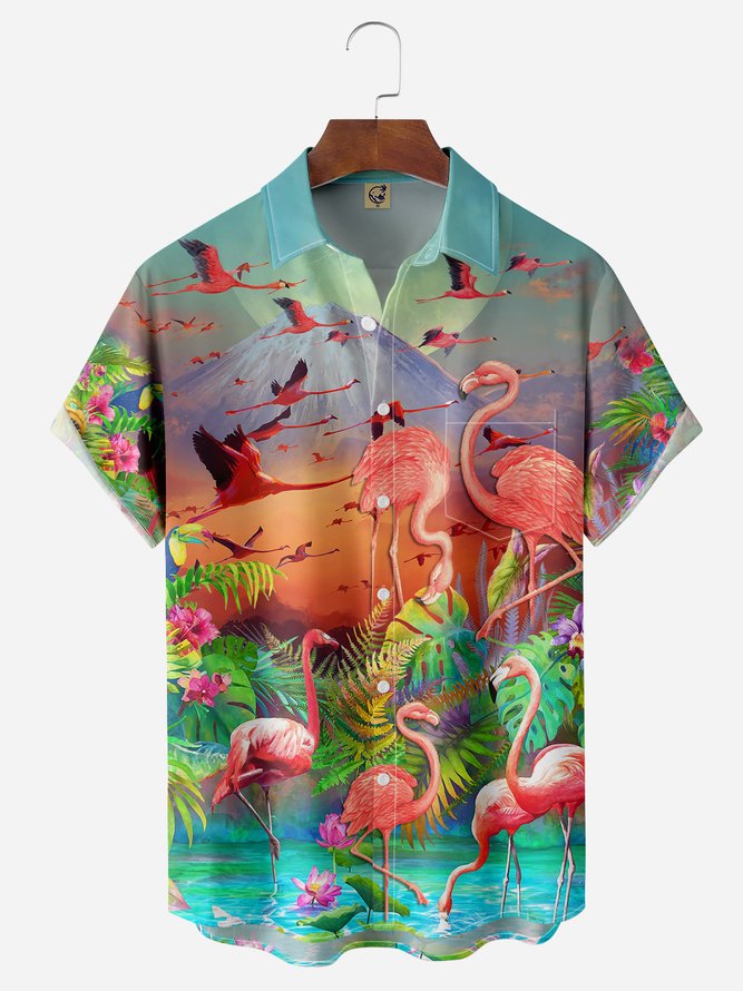 Tropical Flamingo Chest Pocket Short Sleeve Hawaiian Shirt