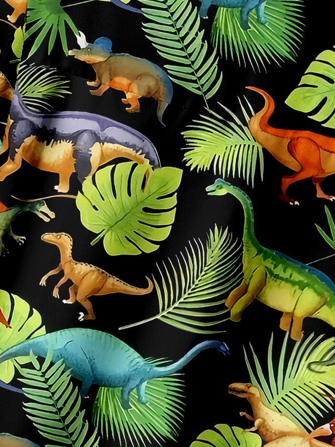 Dinosaur Leaf Chest Pocket Short Sleeve Hawaiian Shirt