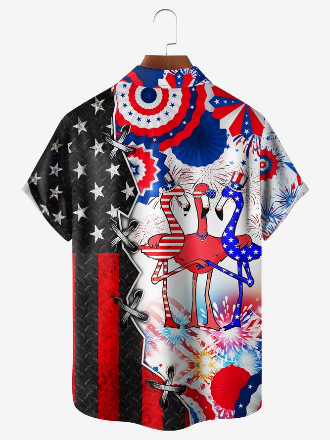 American Flag Flamingo Chest Pocket Short Sleeve Casual Shirt