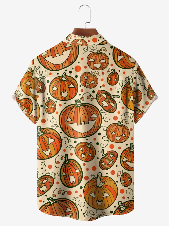Halloween Pumpkin Chest Pocket Short Sleeve Bowling Shirt