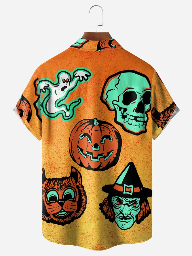 Pumpkin Skull Chest Pocket Short Sleeve Casual Shirt