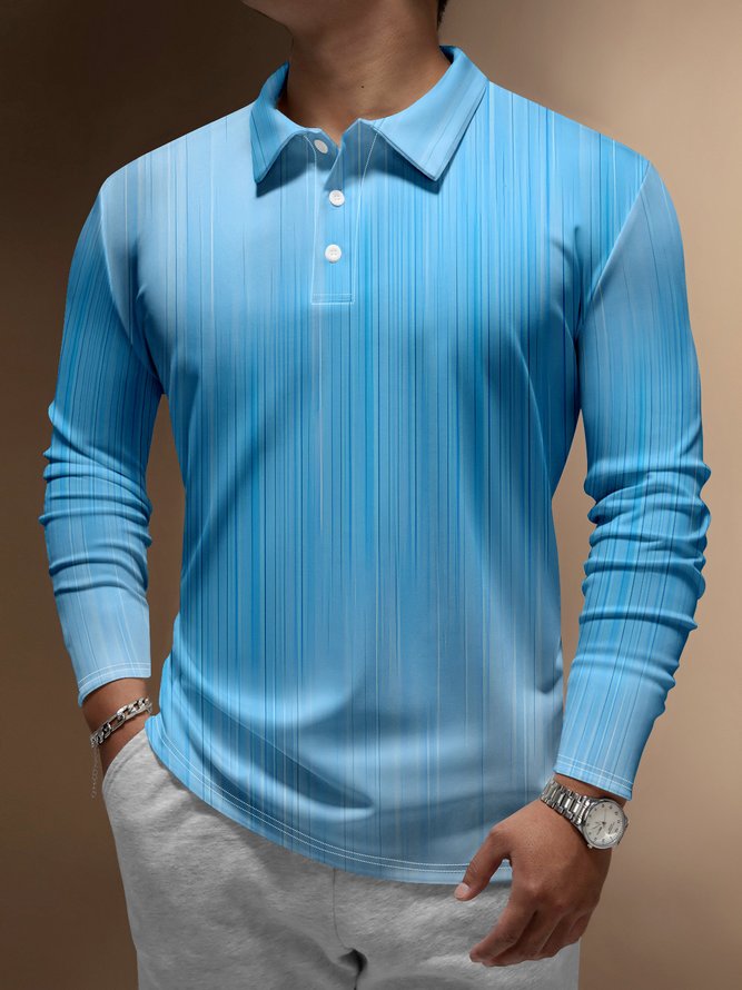 Gradient Abstract Stripes Button Long Sleeve Casual Polo Shirt