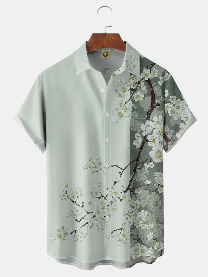 Side view of Men Floral Summer Vacation Polyester Lightweight Daily Short Sleeve Shirt Collar Plus Size Bowling Shirts