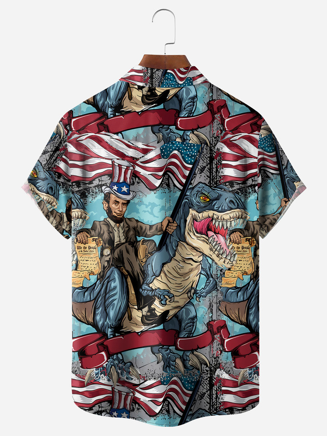 Side view of Men Casual Summer Independence Day (Flag) Lightweight Micro-Elasticity Daily Oversize Short Sleeve Regular Aloha Shirts