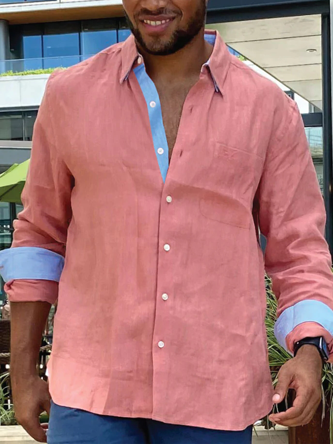Men Casual Color Block Spring/Fall Breathable Loose Commuting Cotton Regular Pocket Stitching Aloha Shirts-image-16090474