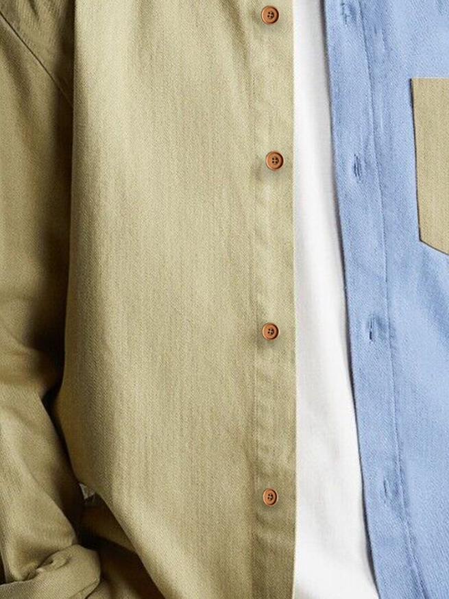 Side view of Men Casual Color Block Spring/Fall Natural No Elasticity Breathable H-Line Regular Shirt Collar Aloha Shirts