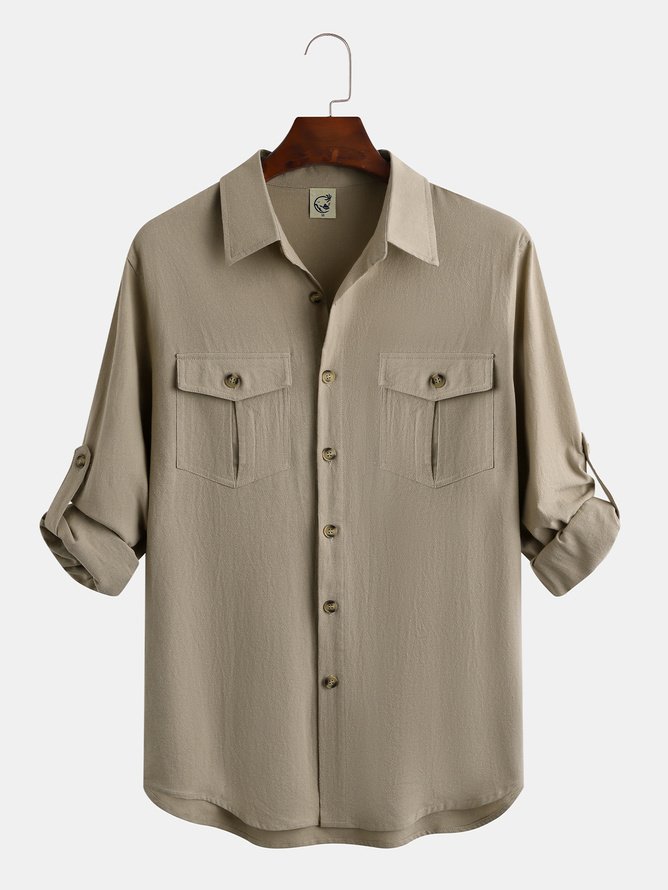Side view of Men Casual Plain Spring/Fall Natural No Elasticity Commuting Regular Regular Shirt Collar Aloha Shirts