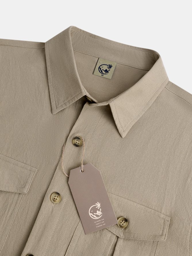 Side view of Men Casual Plain Spring/Fall Natural No Elasticity Commuting Regular Regular Shirt Collar Aloha Shirts