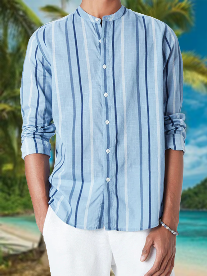 Side view of Men Striped Casual Spring/Fall Natural No Elasticity Commuting Long Sleeve H-Line Regular Aloha Shirts