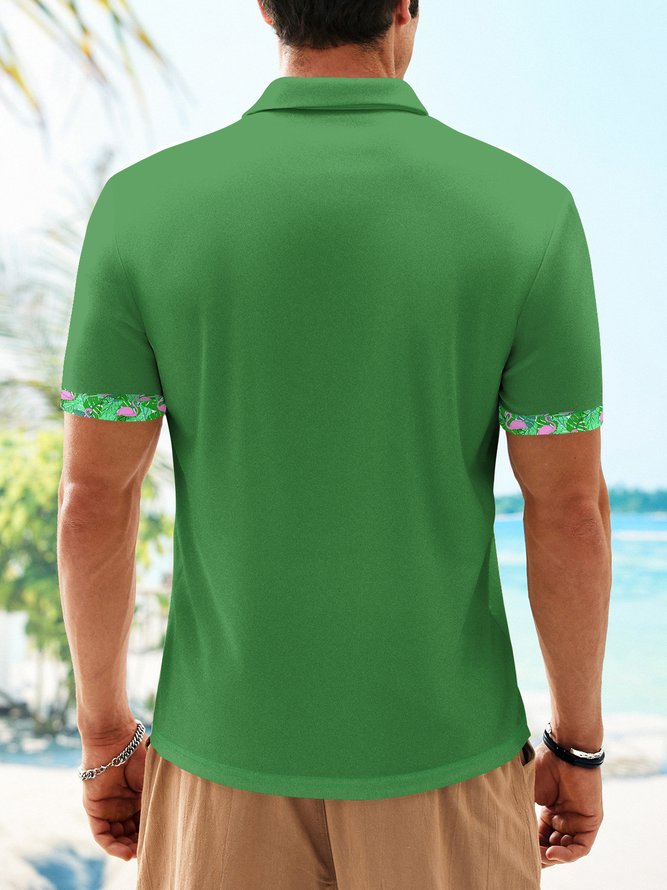 Side view of Men Summer Flamingo Vacation Micro-Elasticity Party Regular Fit Buttons Short Sleeve H-Line Casual Polo