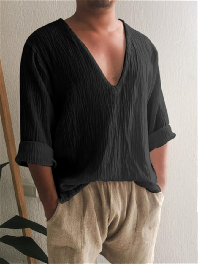 Side view of Men Casual Plain Spring/Fall V neck Natural Moisture Permeability Loose Long Sleeve Regular Aloha Shirts