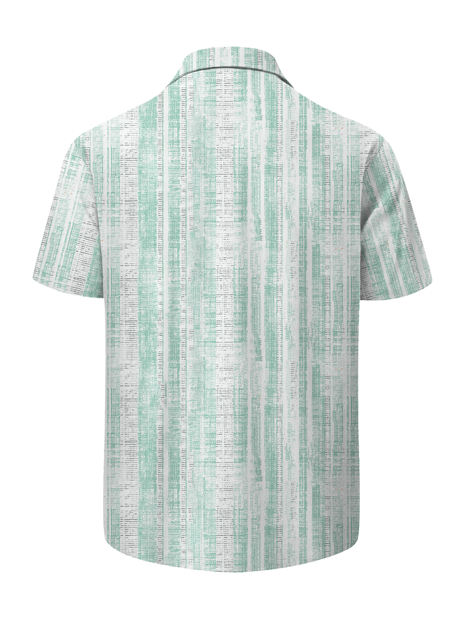 Side view of Men Striped Casual Summer Polyester No Elasticity Commuting H-Line Regular Shirt Collar Bowling Shirts