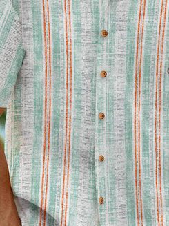 Side view of Men Striped Casual Summer Polyester No Elasticity Commuting H-Line Regular Shirt Collar Bowling Shirts