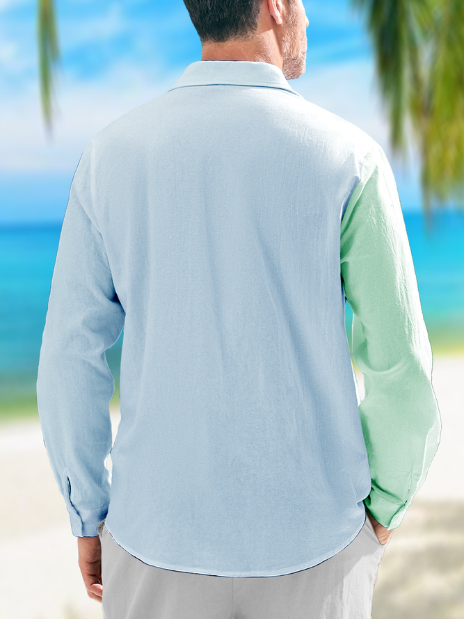 Side view of Casual Color Block Spring/Fall No Elasticity Breathable Long Sleeve Cotton Regular H-Line Aloha Shirts for Men