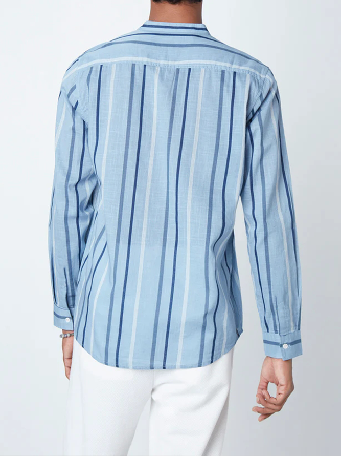 Side view of Men Striped Casual Spring/Fall Natural No Elasticity Commuting Long Sleeve H-Line Regular Aloha Shirts