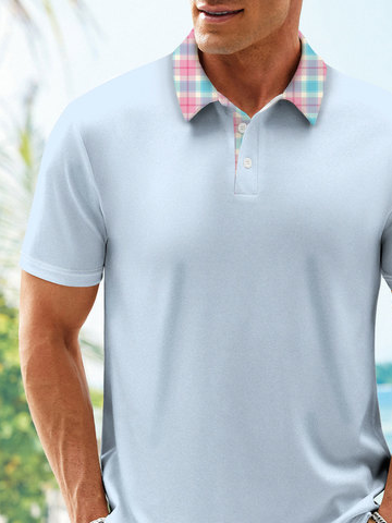 Side view of Men Plaid Casual Summer Polyester Printing Lightweight Micro-Elasticity Regular Fit Shawl Collar Bowling Polo