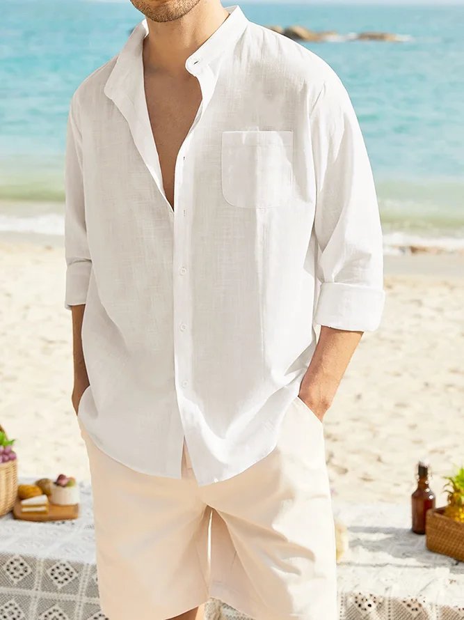 Men Casual Plain Spring/Fall Natural No Elasticity Moisture Permeability Long Sleeve Cotton H-Line Aloha Shirts-image-16090422
