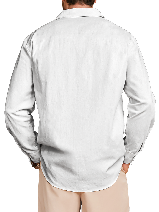 Side view of Men Casual Plain Spring/Fall Natural No Elasticity Moisture Permeability Long Sleeve Cotton H-Line Aloha Shirts