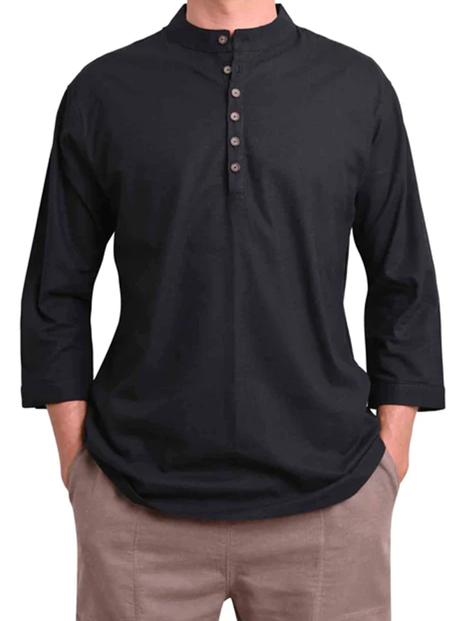 Side view of Men Casual Plain Spring/Fall Natural No Elasticity Long Sleeve Cotton Regular H-Line Aloha Shirts