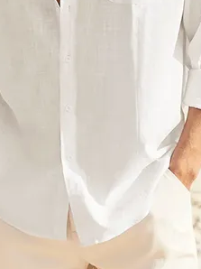 Side view of Men Casual Plain Spring/Fall Natural No Elasticity Moisture Permeability Long Sleeve Cotton H-Line Aloha Shirts