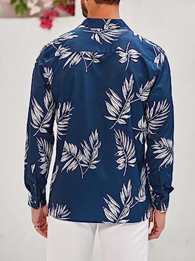 Side view of Men Casual Floral Spring/Fall Polyester Natural No Elasticity Long Sleeve Regular Shirt Collar Aloha Shirts