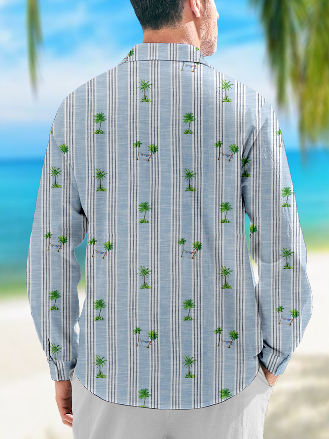 Striped Coconut Tree Chest Pocket Long Sleeve Casual Shirt