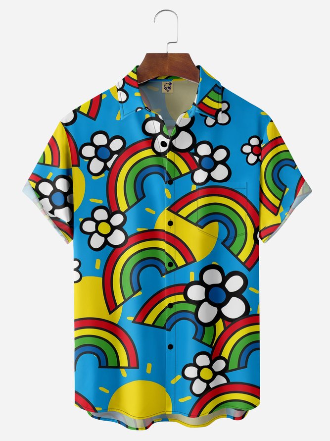 Flowers Rainbow Chest Pocket Short Sleeve Casual Shirt