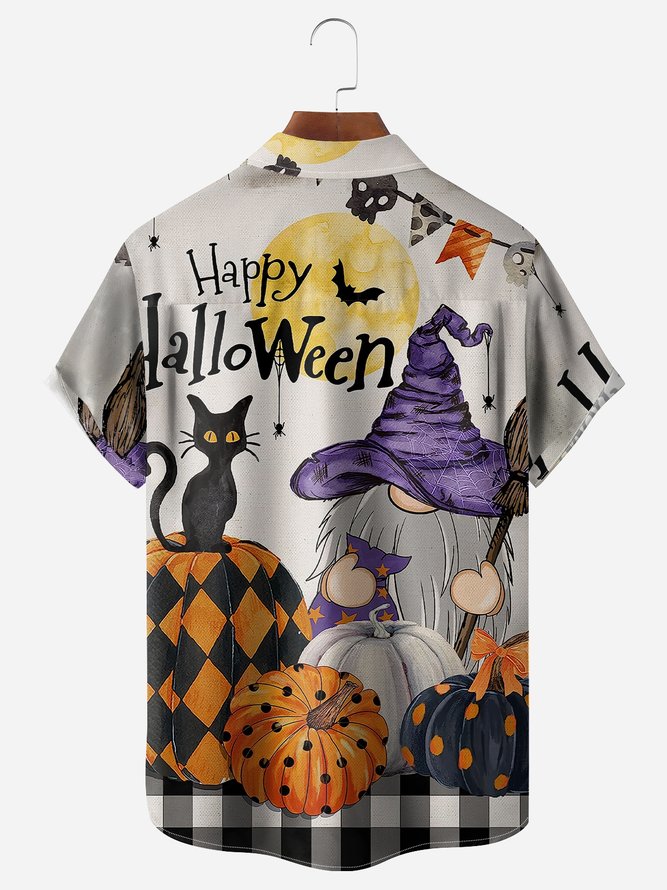 Halloween Cat Pumpkin Gnomes Chest Pocket Short Sleeve Shirt