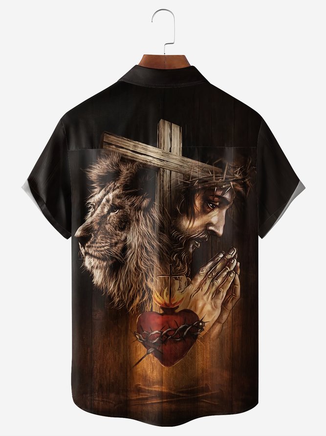 Easter Jesus Cross Lion Chest Pocket Short Sleeve Shirt
