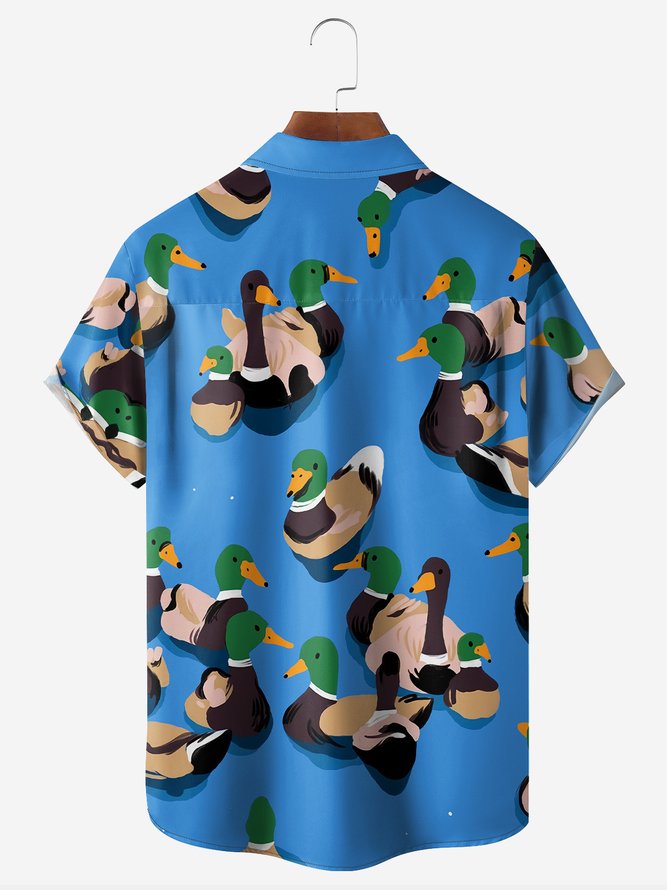 Duck Painting Chest Pocket Short Sleeve Casual Shirt