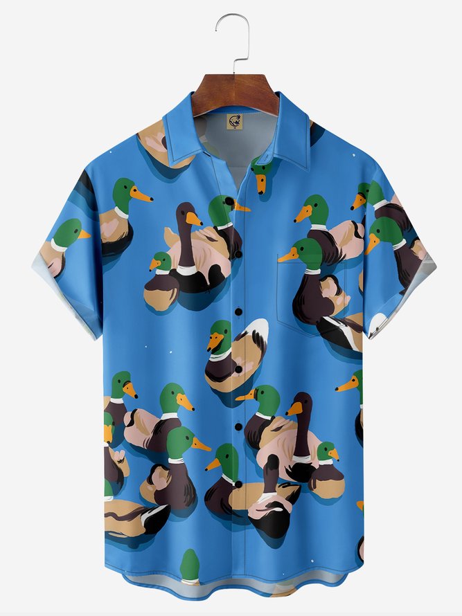 Duck Painting Chest Pocket Short Sleeve Casual Shirt