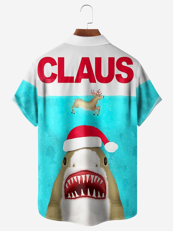 Santa Claus Shark Chest Pocket Short Sleeve Casual Shirt