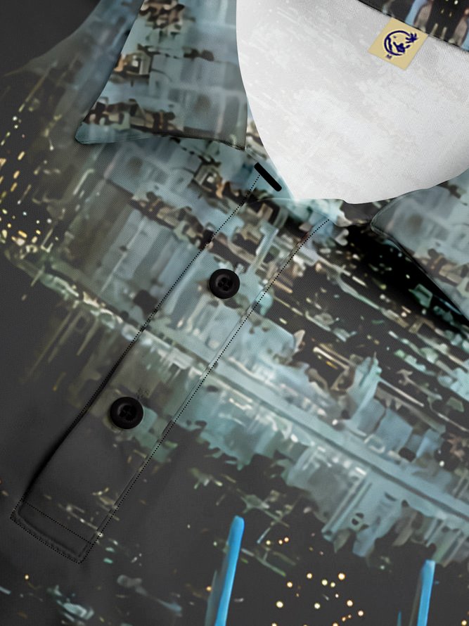 Tech Space Spaceship Button Short Sleeve Casual Polo Shirt